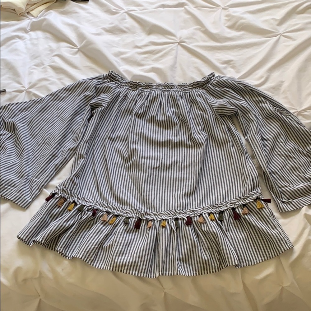 White and gray striped off the shoulder blouse